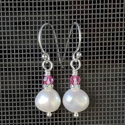 10mm Freshwater Baroque Pearl Sterling Silver Crystal Dangle Earrings