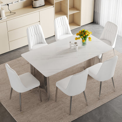 Table and chair set. Modern and Minimalist Dining Table. Imitation Marble Glass Sticker Desktop,Stainless Steel Legs .Paired with 6 White Chairs With PU Cushions And Silver Metal Legs.