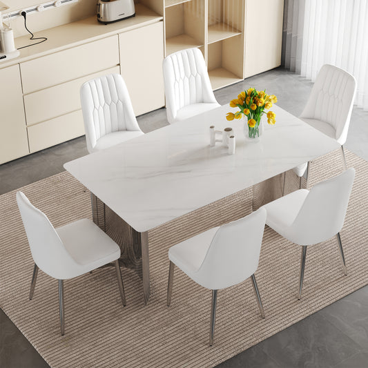 Table and chair set. Modern and Minimalist Dining Table. Imitation Marble Glass Sticker Desktop,Stainless Steel Legs .Paired with 6 White Chairs With PU Cushions And Silver Metal Legs.