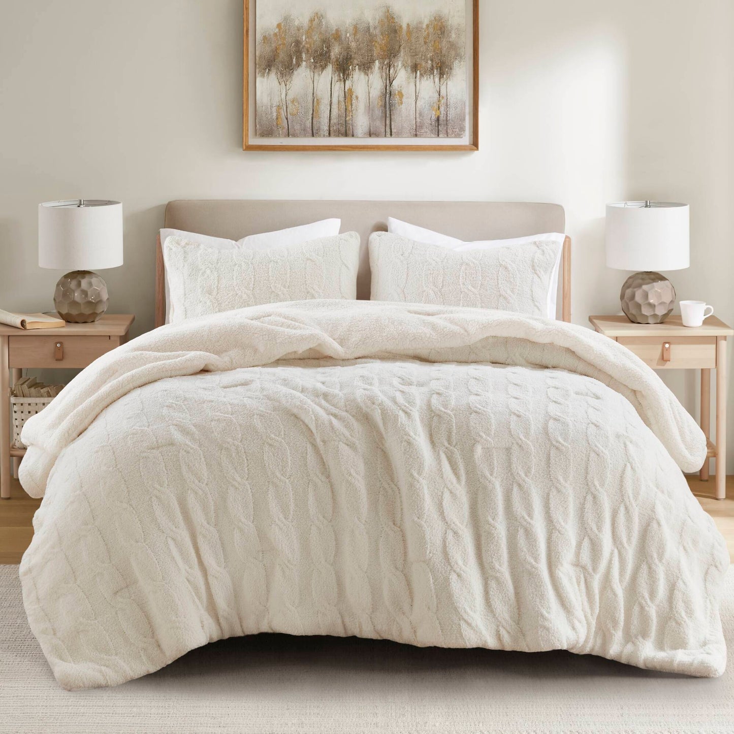 3 Pieces Full/Queen Cable Knit Chenille Comforter Set,Ivory
