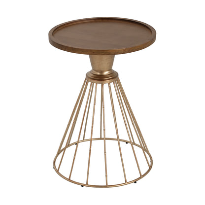 Hollow Edge Retro Art Pine Side Table with Antique Gold and Natural Color, Iron and Pine Construction, 18-Inch Diameter