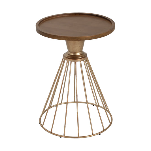 Hollow Edge Retro Art Pine Side Table with Antique Gold and Natural Color, Iron and Pine Construction, 18-Inch Diameter