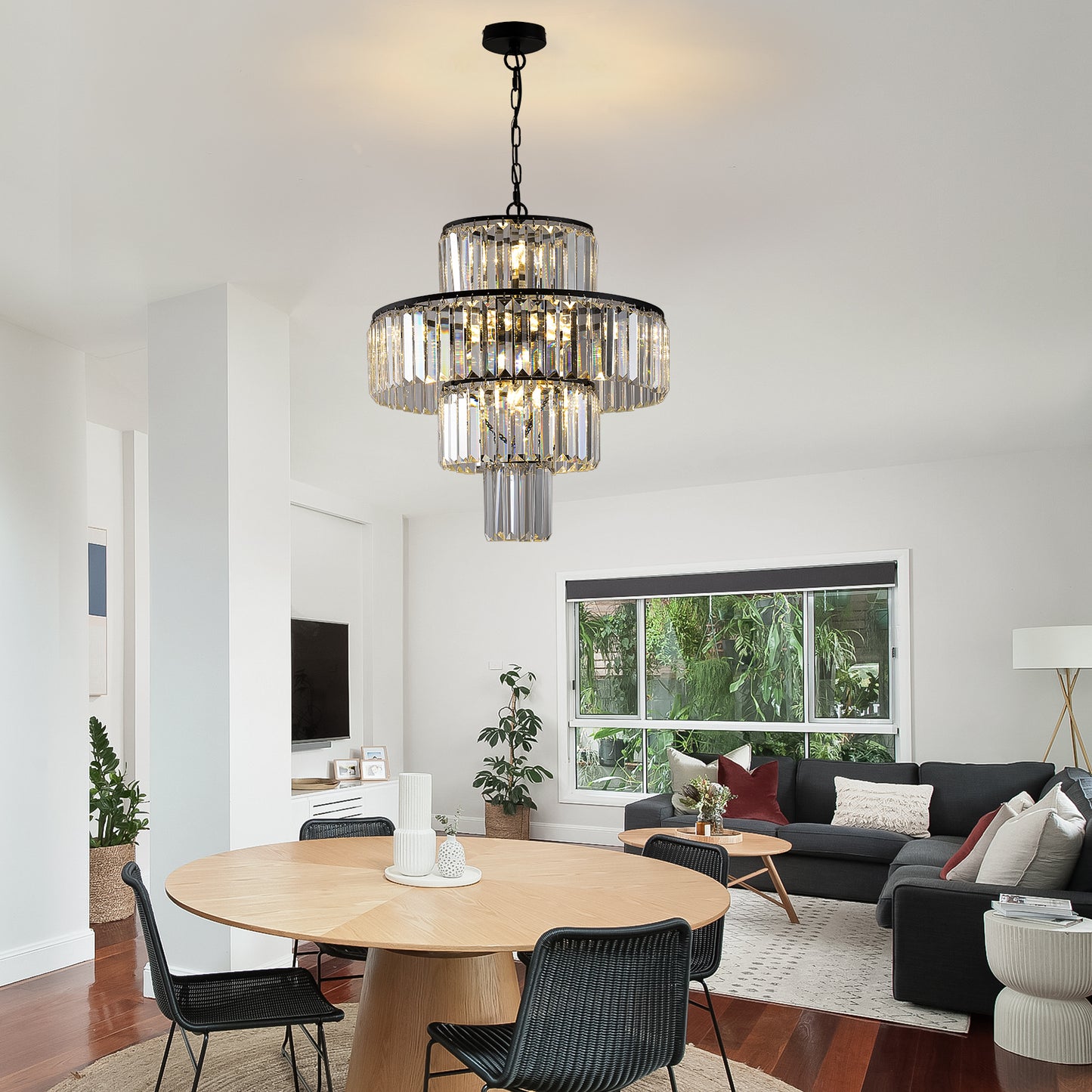 20' Modern Crystal Chandelier with Black Finish, 4-Tier Design for Dining Room or Living Room, Elegant Crystal Pendant Light Fixture (Bulb Not Included)