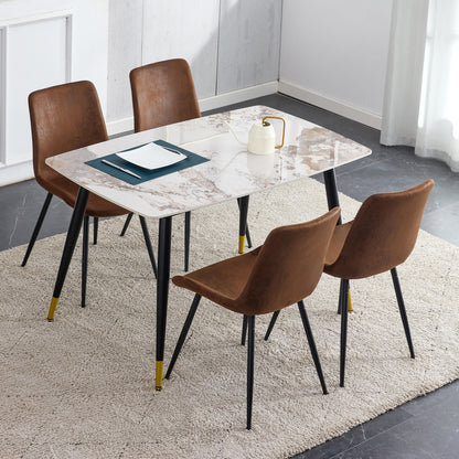 Table and chair set.48.4*28 Inch Sintered Stone Dining Table Set -  4 Brown Technology Fabric Dining Chairs With Curved Widened Cushion Design.White Pandora Patterned Rock Slab Desktop.