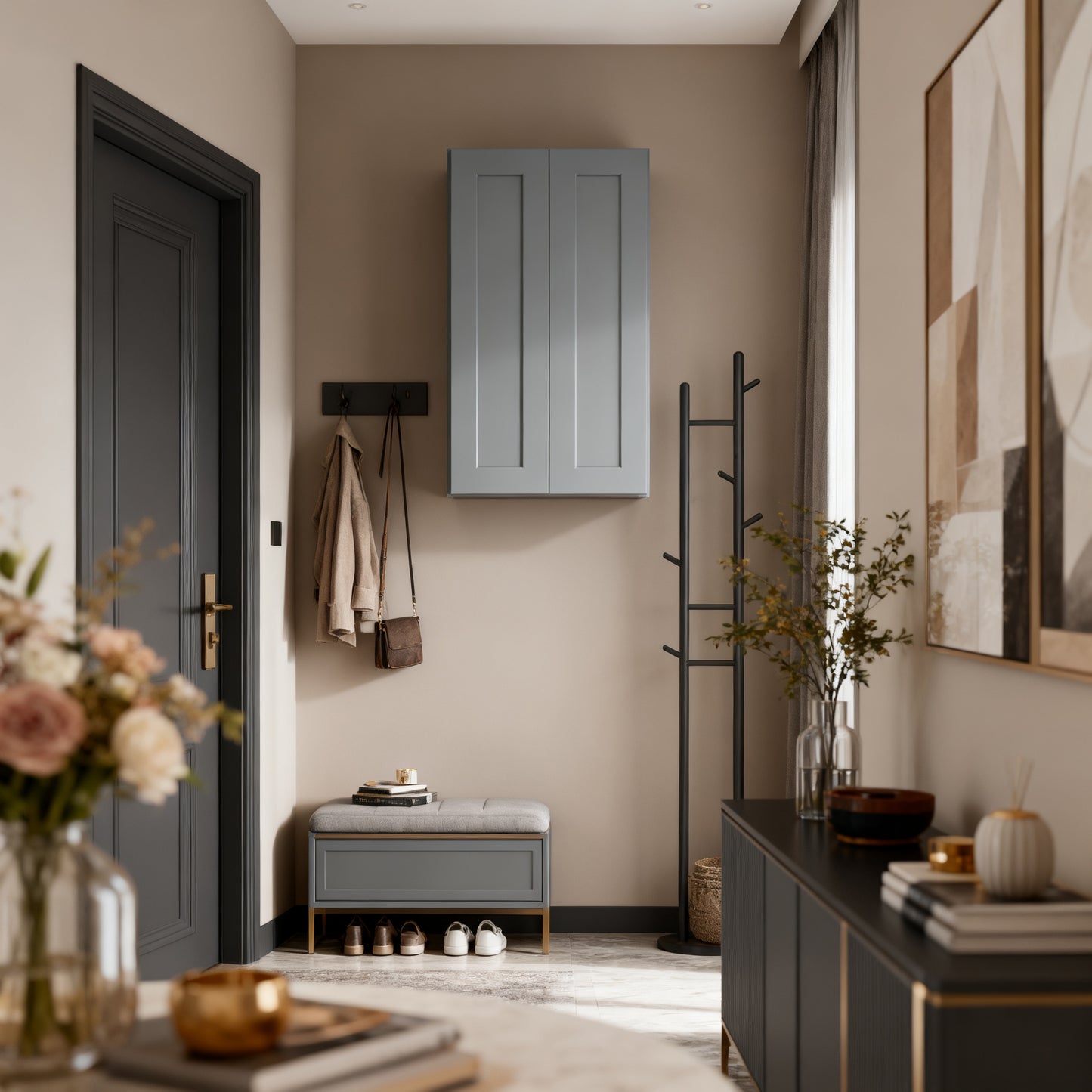 Dark Gray Solid Wood Double Doors Wall Cabinet 2 Doors and 3 Shelves for Kitchen Storage, Bathroom Storage, Laundry,Adjustable Shelves Ready to Assemble(24'W×12'D×42'H)