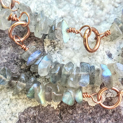 Multi Strand Labradorite Chip Copper Swirls Necklace