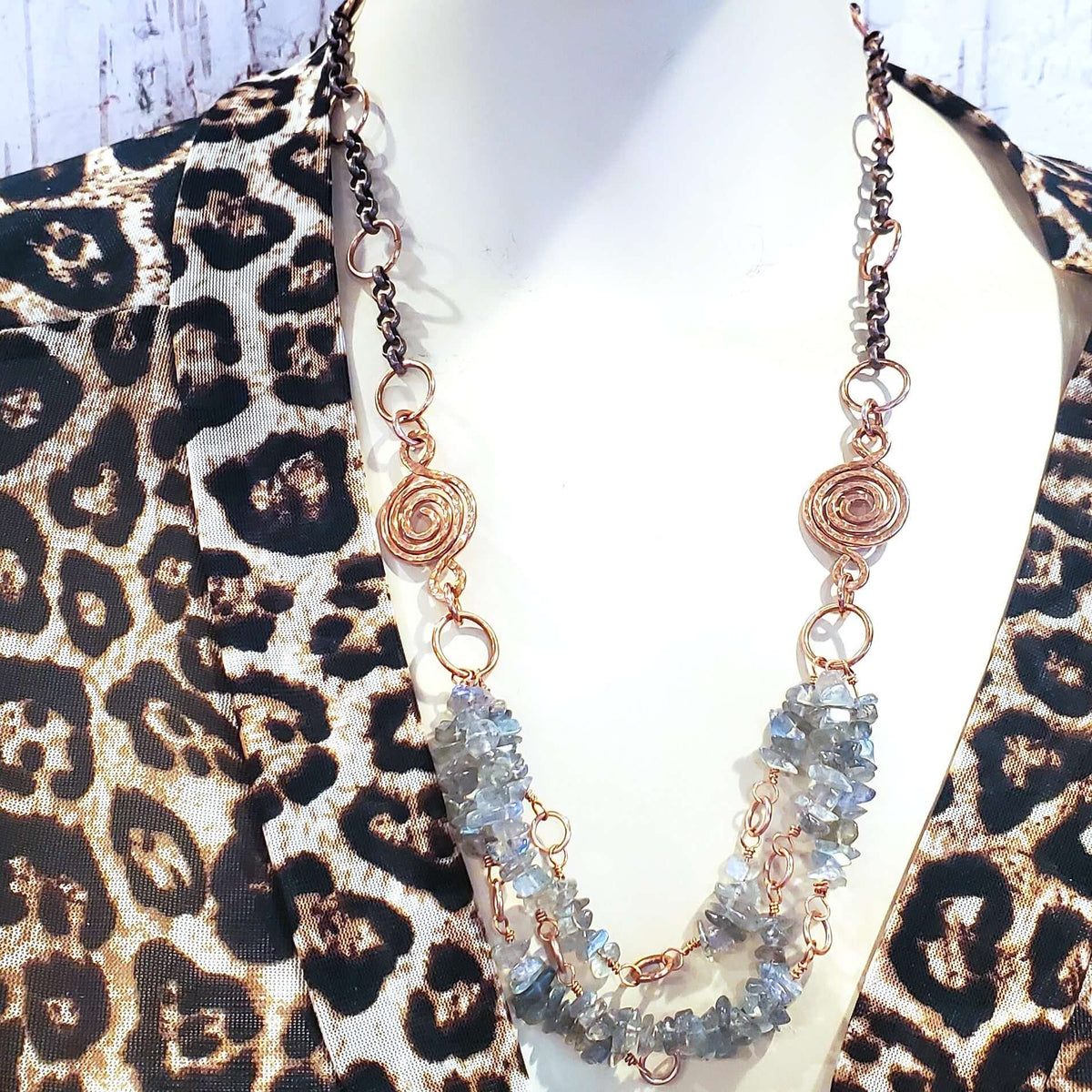Multi Strand Labradorite Chip Copper Swirls Necklace