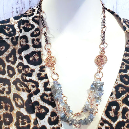 Multi Strand Labradorite Chip Copper Swirls Necklace