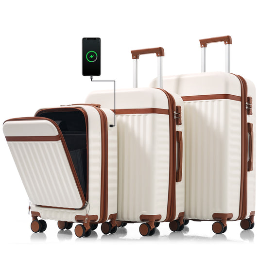 Luggage Set of 3, 20inch with USB Port, front opening design Airline Certified Carry on Luggage, ABS Hard Shell Luggage with Spinner Wheels,White and Brown