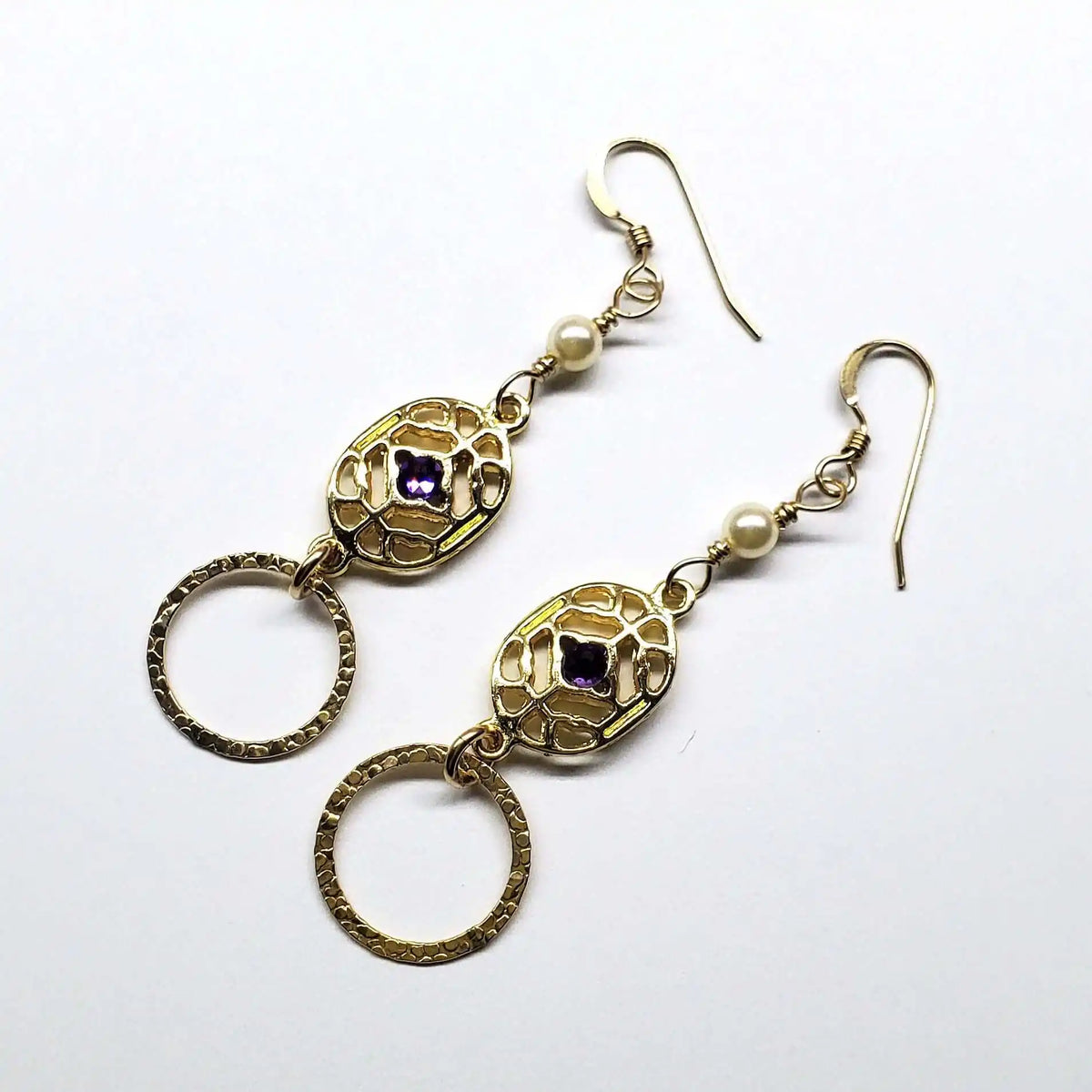 14 K Gold Filled Purple Crystal Circle Filigree Earrings