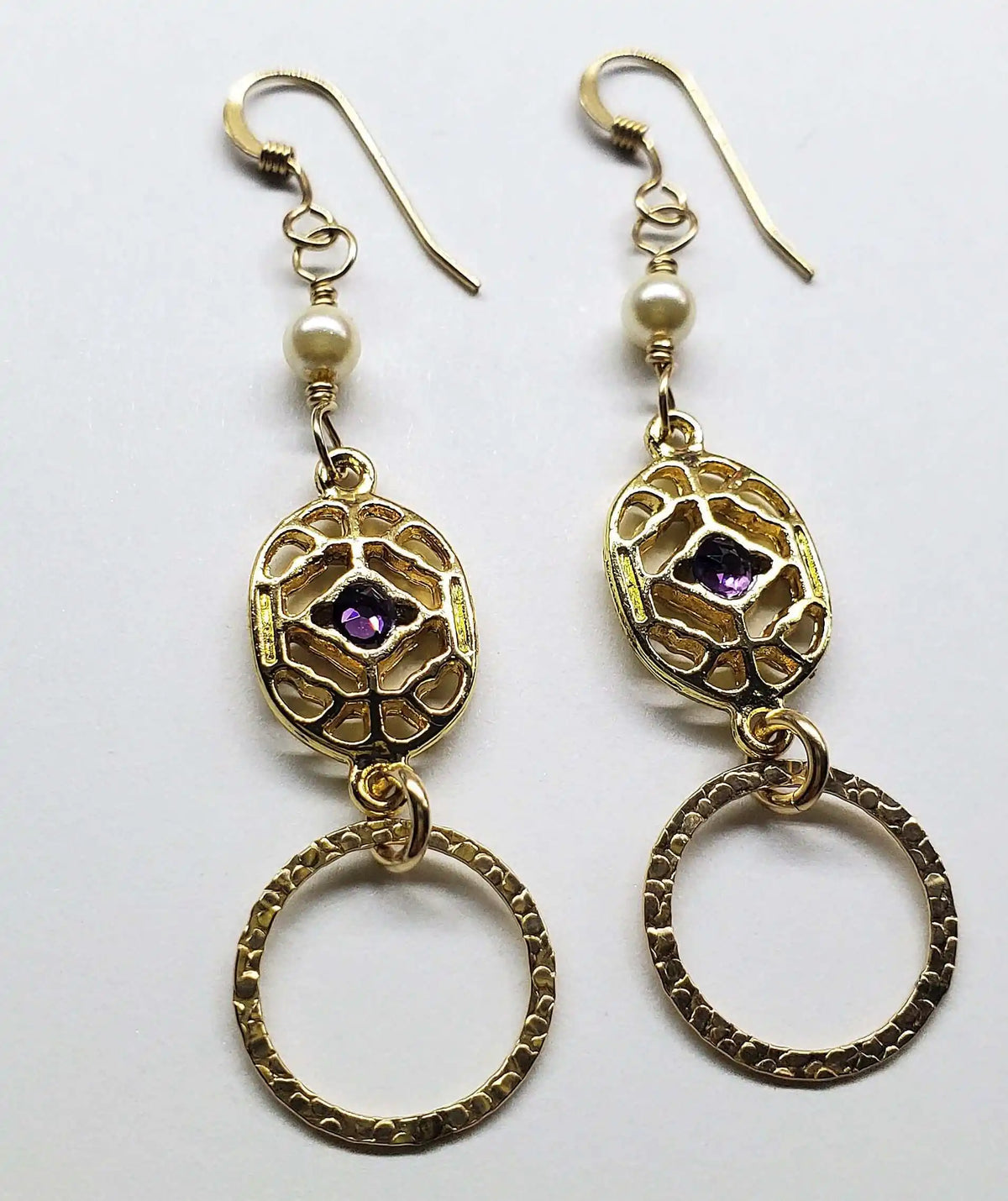 14 K Gold Filled Purple Crystal Circle Filigree Earrings