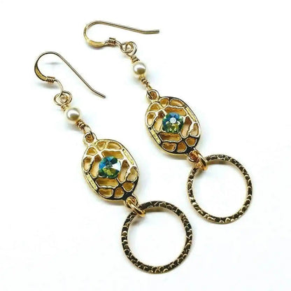 14 KT Gold Filled Green Crystal Circle Filigree Earrings