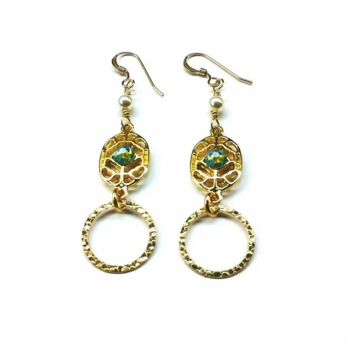 14 KT Gold Filled Green Crystal Circle Filigree Earrings