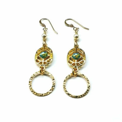 14 KT Gold Filled Green Crystal Circle Filigree Earrings