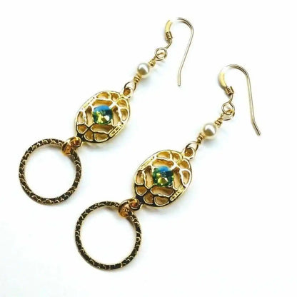 14 KT Gold Filled Green Crystal Circle Filigree Earrings