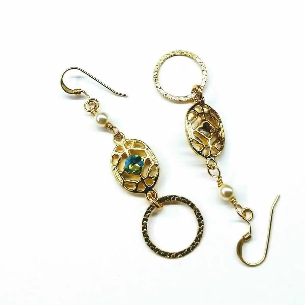 14 KT Gold Filled Green Crystal Circle Filigree Earrings