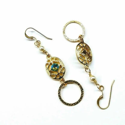 14 KT Gold Filled Green Crystal Circle Filigree Earrings