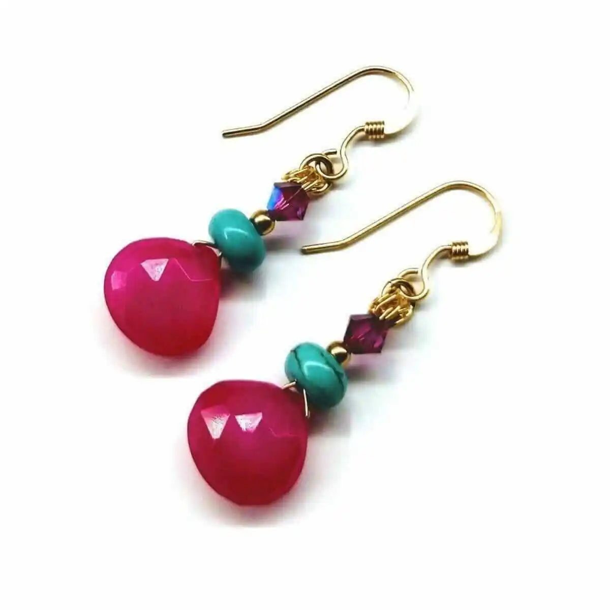 Gold Filled Wire Wrapped Pink and Aqua Gemstone Earrings