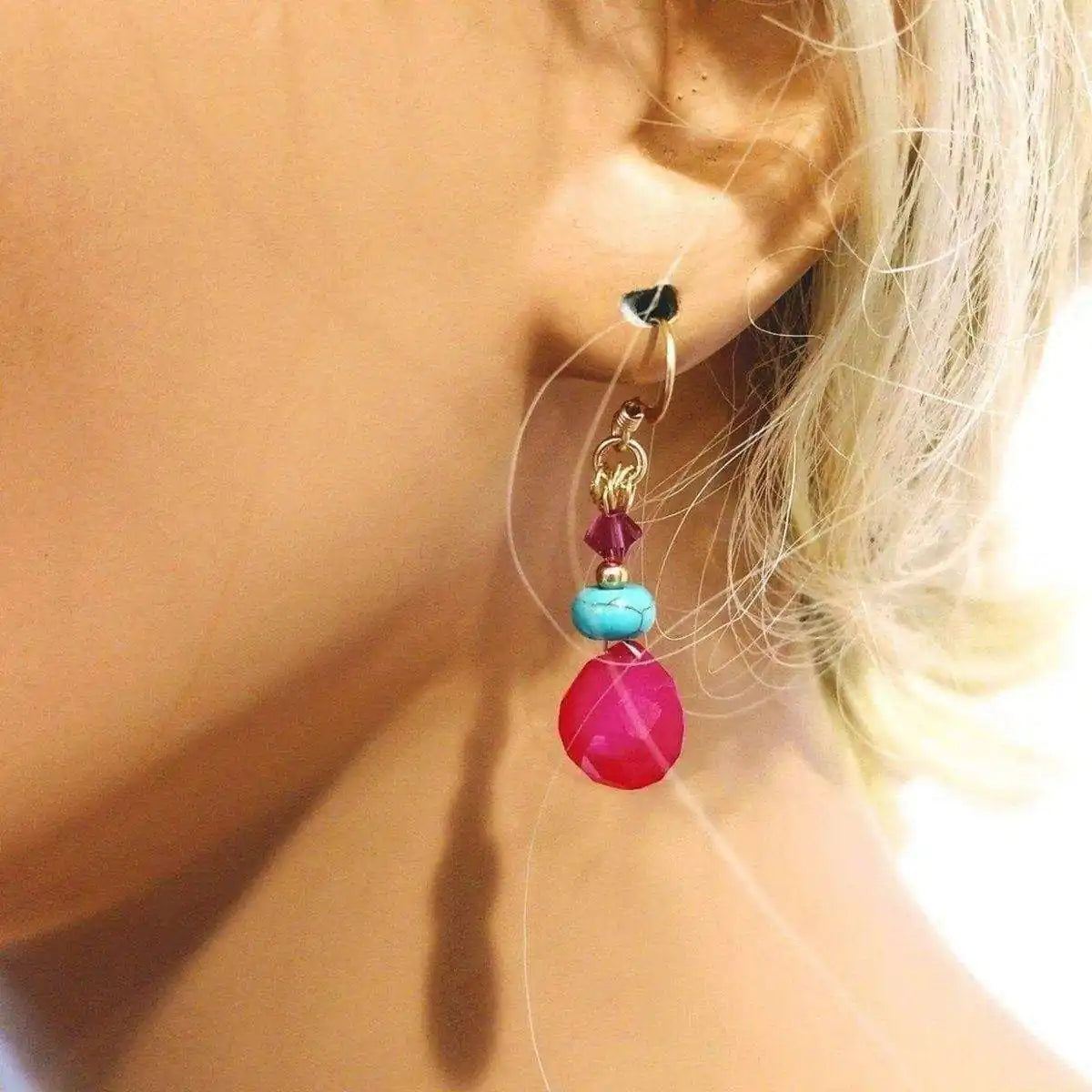 Gold Filled Wire Wrapped Pink and Aqua Gemstone Earrings