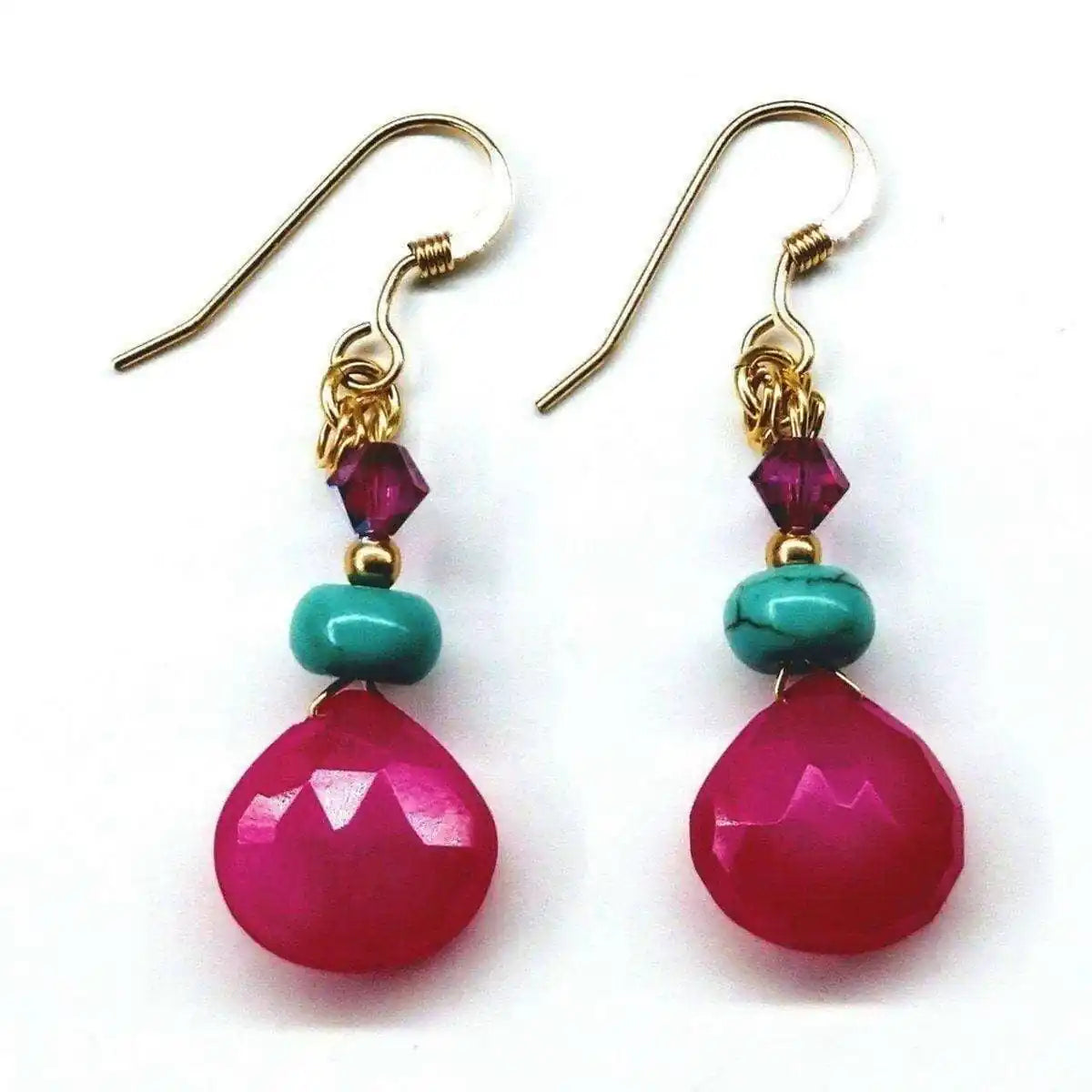 Gold Filled Wire Wrapped Pink and Aqua Gemstone Earrings