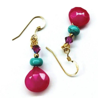 Gold Filled Wire Wrapped Pink and Aqua Gemstone Earrings