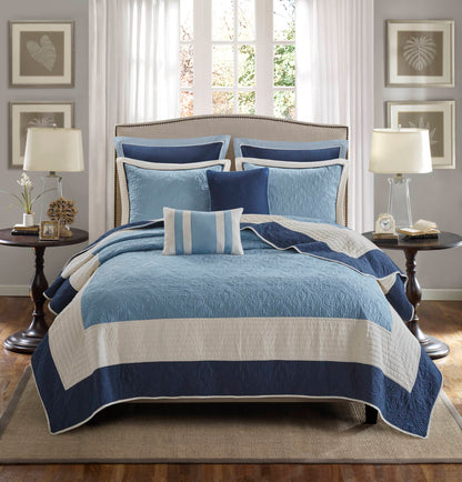 7-Piece Full/Queen 7 Piece Quilt Set with Euro Shams and Throw Pillows,Navy