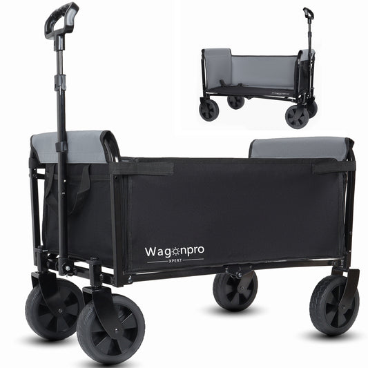 All-in-One Convertible Folding 4-Wheel Trolley with Bench Seat and Dog Leash - Heavy Duty Foldable Utility Trolley for Camping, Beach, Shopping - Versatile Seating and Storage Space, Black/Gray