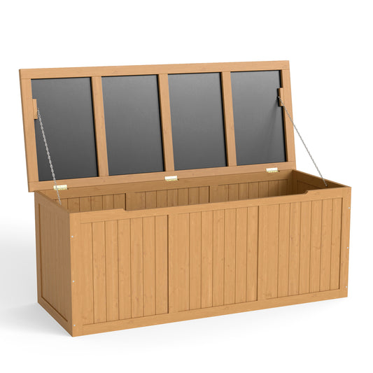 112 Gallon Outdoor Wooden Deck Box Solid Wood Storage Box Seat & Table Top for Patio Furniture Cushions, Pool Toys & Garden Tools