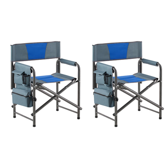 2-Piece Padded Folding Outdoor Chair with Storage Pockets, Lightweight Oversized Directors Chair, Blue/Grey, Steel & Oxford Cloth