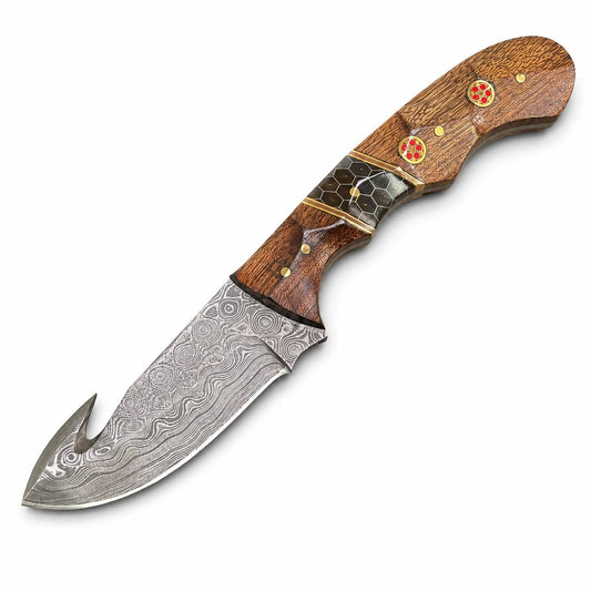 Hand-Forged Damascus Steel Gut Hook Hunting Knife – Oak, Honeycomb Mosaic & Walnut Handle TKT-8