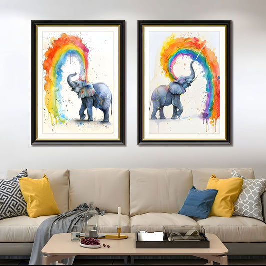 Set of 2 Colorful Elephant Framed Wall Art – Replaceable Canvas Prints with Solid Wood Picture Frames, Modern Animal Artwork for Living Room and Kids Room 24x32 inches