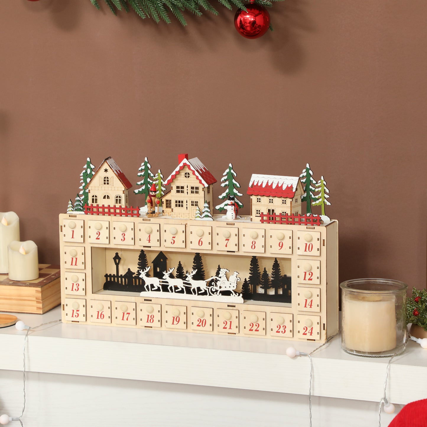 Christmas Advent Calendar with 24 Countdown Drawers and LED Lights