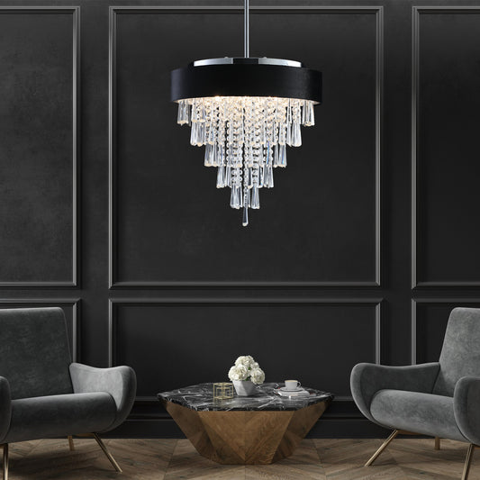 18-inch Modern Crystal Chandelier with Black Imitation Velvet Anti-Glare Shade, Adjustable Height, 8-Light G9 Base for Dining Room, Living Room, or Bedroom (Bulb Not Included)