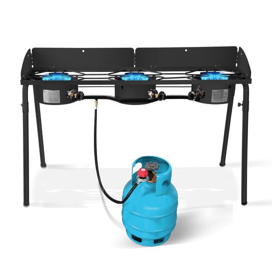 Three Burner Outdoor Portable Camping Gas Stove with Removable Legs, Portable Bag and Windshield, Camping Stove Propane for Cooking, CSA Certified, Outdoor Propane Burner
