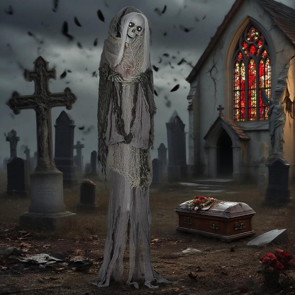 Outdoor Halloween Decorations Skeleton Witch, Sound and Motion Activated Animated Prop Animatronic decor with Light Up Eyes, Spooky Sound