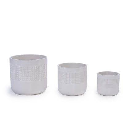 Set of 3 Grid Ceramic Flowerpot, Modern Planter for Patio, Garden, Windowsill - Ancient White