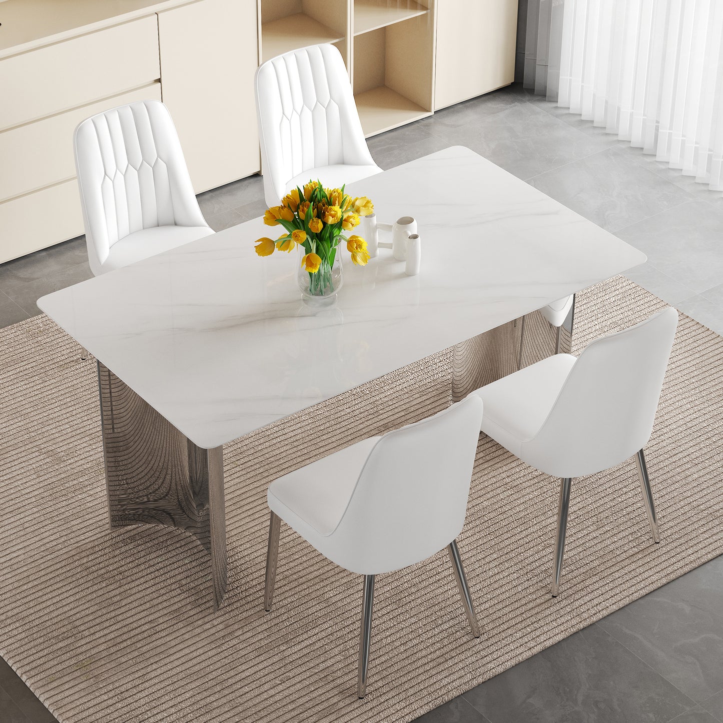Table and chair set. Modern and Minimalist Dining Table. Imitation Marble Glass Sticker Desktop,Stainless Steel Legs .Paired with 4 White Chairs With PU Cushions And Silver Metal Legs.