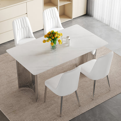 Table and chair set. Modern and Minimalist Dining Table. Imitation Marble Glass Sticker Desktop,Stainless Steel Legs .Paired with 4 White Chairs With PU Cushions And Silver Metal Legs.