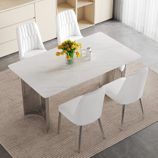 Table and chair set. Modern and Minimalist Dining Table. Imitation Marble Glass Sticker Desktop,Stainless Steel Legs .Paired with 4 White Chairs With PU Cushions And Silver Metal Legs.