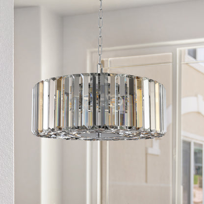 17' Modern Crystal Drum Pendant Chandelier with Chrome Finish – Elegant Lighting Fixture for Living Room, Bedroom, or Dining Area (Bulb Not Included)