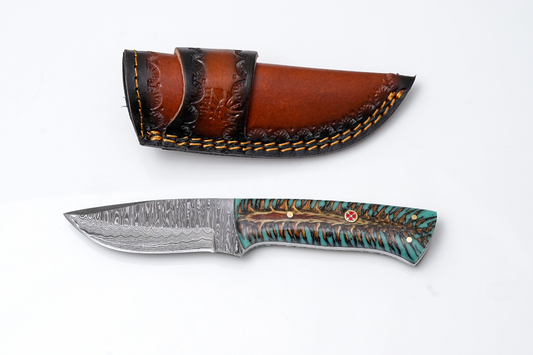 Hand-Forged Damascus Steel Skinner Knife — Stabilized Pine Cone & Teal Resin Handle With Mosaic Pin TK-445