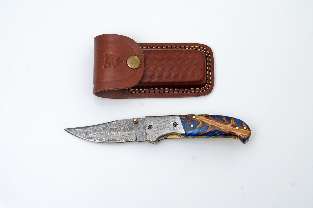 Hand-Forged Damascus Folding Pocket Knife | Blue Resin & Burl Wood Handle With Pocket Clip & Spine File Work -TF-073