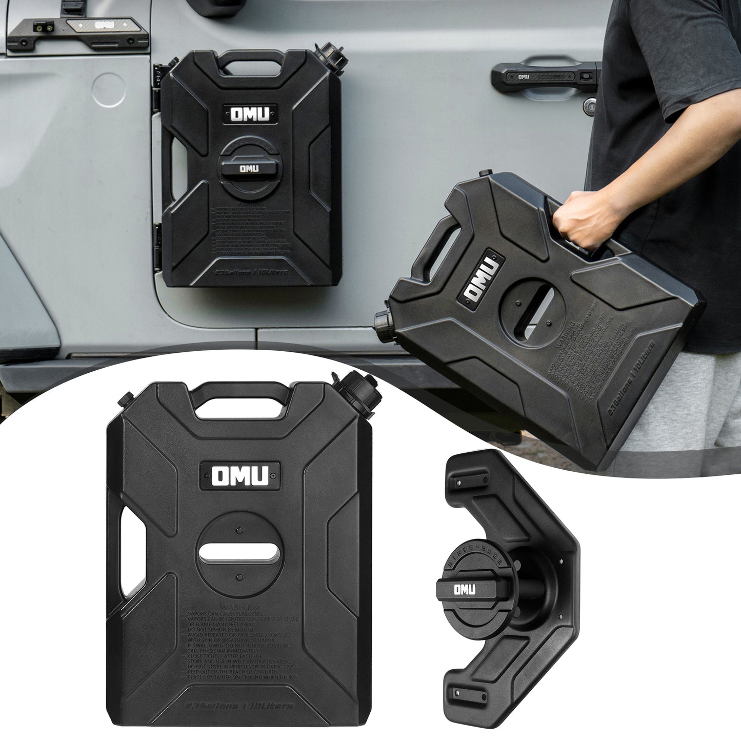 2.64 Gallon/10L Door Hinge Gasoline Container and Mount Set Compatible with 2007-2023 Jeep wrangler JK JL JT, Gasoline Pack Mount Backing Plate with Snapin Spout Backup Petrol Water Storage Can