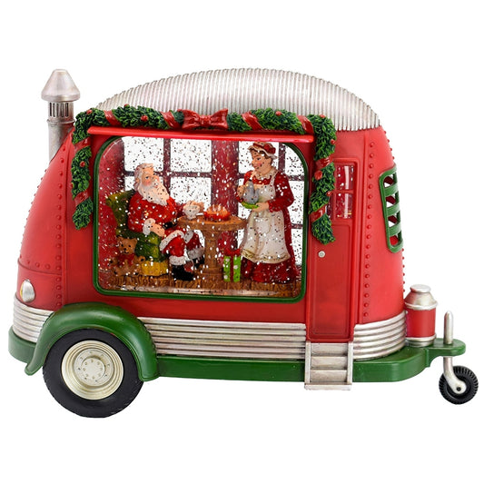 11.3x4.4x8'H Christmas Plastic/Resin Camper With Mr & Mrs Santa Tea Time Led/Water Spinning/2 Way Switch, 3*AA Required
