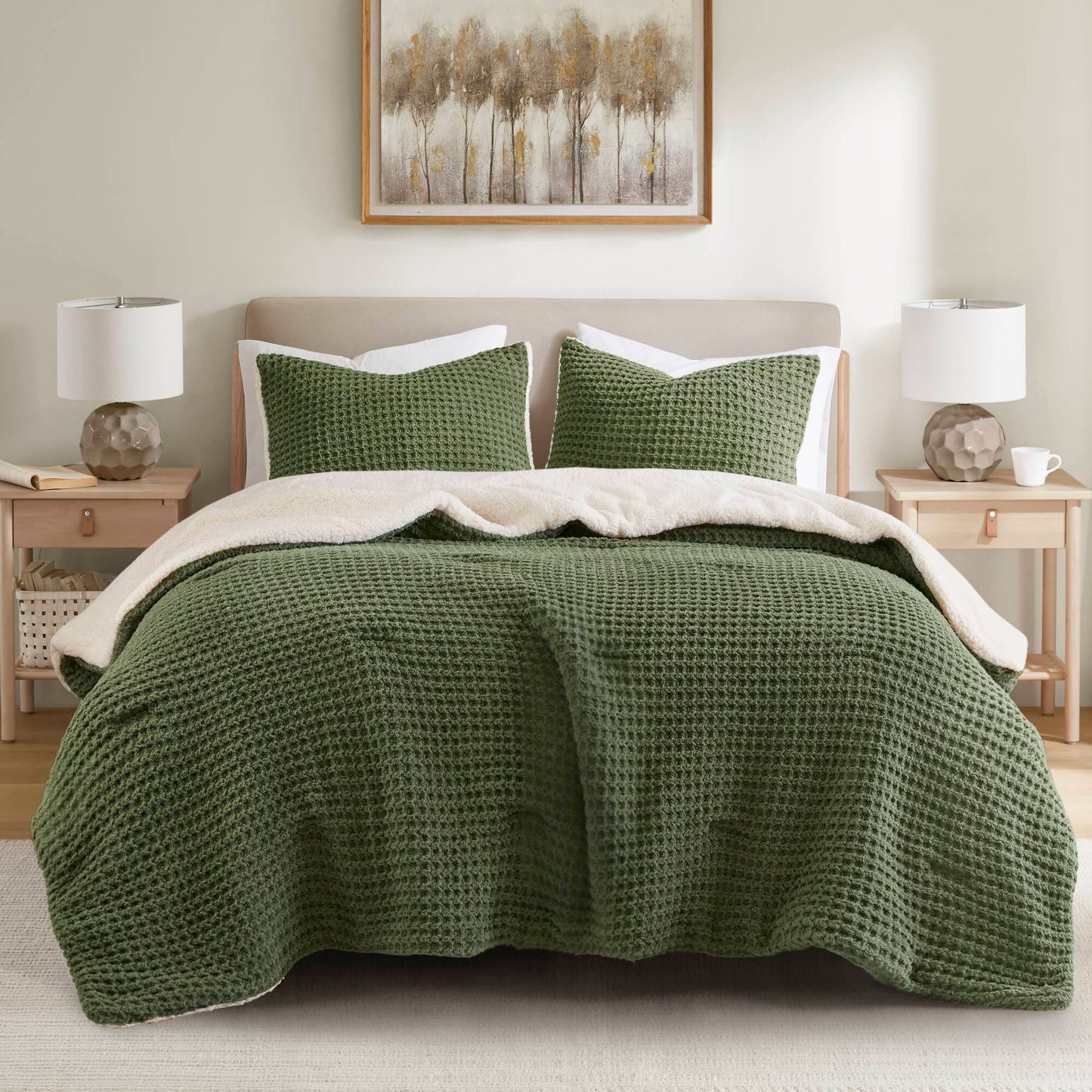 2 Pieces Twin Waffle Knit Chenille Comforter Set,Olive