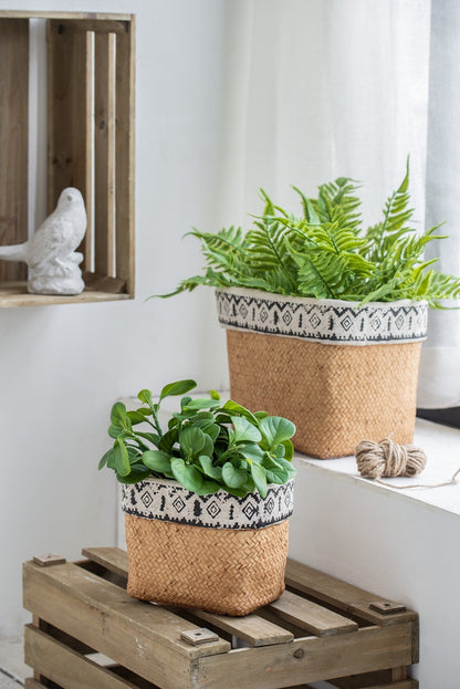 Set of 2 Rectangular Basket Planters with Geometric Trim, L:10.5x8.5x8' S:7.5x5.5x6.5'