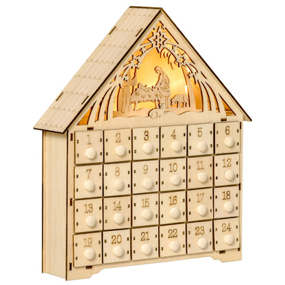 HOMCOM Christmas Advent Calendar, Light Up Manger Scene Tabletop Xmas Wooden House Holiday Decoration with Countdown Drawer, Bible Characters, for kids Adults