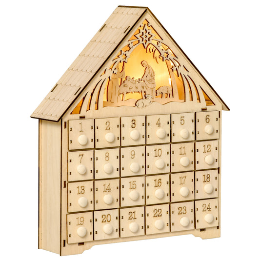HOMCOM Christmas Advent Calendar, Light Up Manger Scene Tabletop Xmas Wooden House Holiday Decoration with Countdown Drawer, Bible Characters, for kids Adults