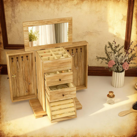 Jewelry Organizer with Mirror and 2 Drawers Wooden Jewelry Box for Rings Earrings Necklaces