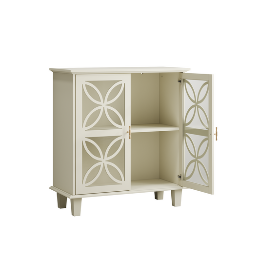 Modern Retro Sideboard Buffet Storage Cabinet with Adjustable Shelves and Tempered Glass Doors in Cream Color